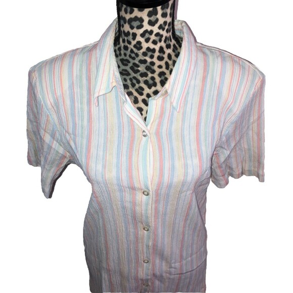alfred dunner Top Blouse L 18 Stripes Multicolored Button Up Collared Artsy - Picture 2 of 5